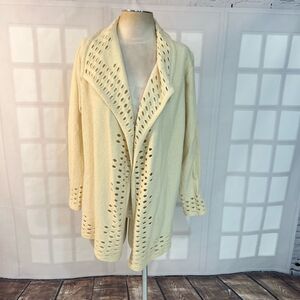 Chico's Cream 100% Wool Perforated Cutout Open Cardigan Sweater Size XL